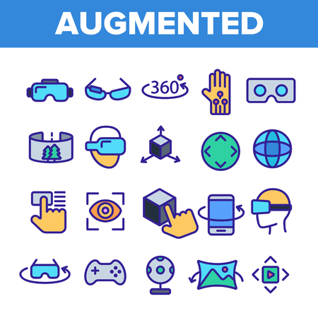 Augmented, Virtual Reality Linear Vector Icons Set. Augmented Virtual Reality Symbols Pack. Digital Technology, Simulator Pictograms Collection. Isolated Signs. VR Entertainment Outline Illustrationsのイラスト素材