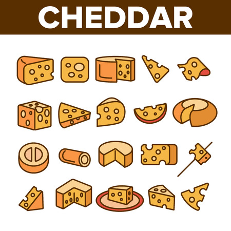 Cheddar Cheese Linear Vector Icons Set. Cheddar Piece, Milk Products Symbol Pack. Snack, Food. Dairy Ingredients Pictograms Collection. Isolated Cooking Signs. Eco, Natural Outline Illustrationsのイラスト素材