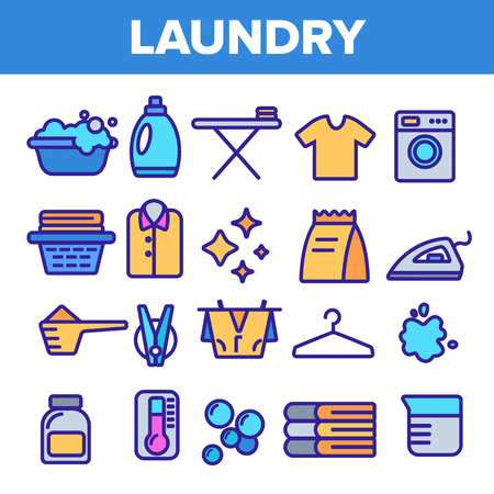 Laundry Line Icon Set Vector. Washing Machine. Clean Dry Cotton. Cloth Laundry Pictogram. Thin Outline Illustrationのイラスト素材