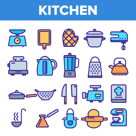 Kitchenware Line Icon Set Vector. Home Kitchen Tools Symbol. Classic Kitchenware Cooking Icons. Web Illustrationのイラスト素材