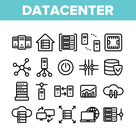 Data Center, Technology Linear Vector Icons Set. Data Analytics, Remote Access Thin Line Contour Symbols Pack. Cloud Computing, Networking Pictograms Collection. Hosting Business Outline Illustrationsのイラスト素材