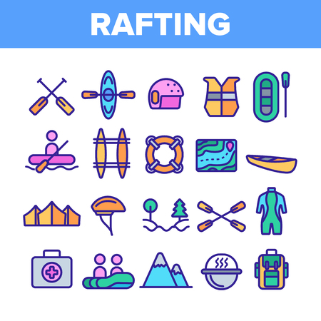 Rafting Trip, Sport Linear Vector Icons Set. Rafting, Kayaking Thin Line Contour Symbols Pack. Outdoor Activity, Adrenaline Chase Pictograms Collection. Extreme Summer Recreation Outline Illustrationsのイラスト素材