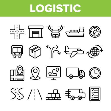 Global Logistic Department Linear Vector Icons Set. Logistic Management, Delivery Service Thin Line Contour Symbols Pack. Distribution Business Pictograms Collection. Shipping Outline Illustrationsのイラスト素材