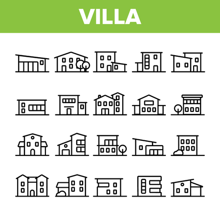 Luxurious Villa, Cottage Linear Vector Icons Set. Fashionable House, Villa Thin Line Contour Symbols Pack. Real Estate Business Pictograms Collection. Suburban Manor Exterior Outline Illustrationsのイラスト素材
