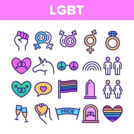 LGBT, LGBTQ Movement Linear Vector Icons Set. LGBT Community Thin Line Contour Symbols Pack. Gay, Lesbian, Homosexual Relationship Pictograms Collection. Love Freedom, Equality Outline Illustrationsのイラスト素材