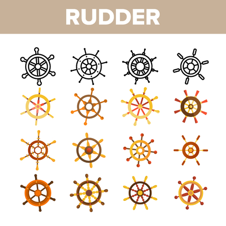Steering Wheel, Rudder Linear Vector Icons Set. Jester, Sailboat, Ship Rudder Thin Line Contour Symbols Pack. Maritime Travel Navigation Pictograms Collection. Vessel Control Flat Illustrationsのイラスト素材