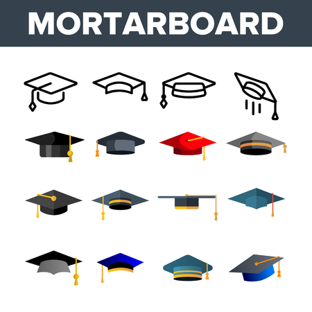 Mortarboard, Academic Cap Vector Color Icons Set. Mortar Board, Education Linear Symbols Pack. University, School, College Graduation Ceremony. Bachelor, Masters Degree Isolated Flat Illustrationsのイラスト素材