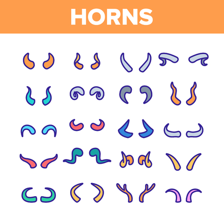 Animal, Devil Horns Vector Linear Icons Set. Bull, Goat, Moose, Wild Mammals Horns Outline Symbols Pack. Carnival Costume Accessories. Reindeer Antlers Isolated Contour Illustrationsのイラスト素材