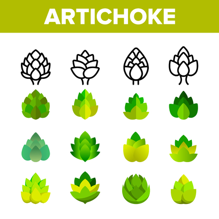 Artichoke, Gourmet Cuisine Vector Linear Icons Set. Artichokes, Healthy Vegetarian Diet Ingredients Thin Line Pictograms. Organic Food Restaurant. Plant Growth Stages, Hops Color Symbolsのイラスト素材