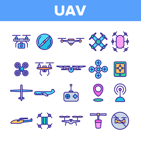 UAV, Remote Control Drones Vector Linear Icons Set. UAV, Unmanned Aircraft System Outline Symbols Pack. High Tech, GPS Navigation. Modern Delivery Service Technology Isolated Contour Illustrationsのイラスト素材