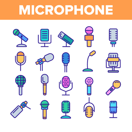 Modern And Vintage Microphone Vector Linear Icons Set. Professional Microphone Outline Symbols Pack. Music And Voice Recording, Sound Editing. Various Mics Isolated Contour Illustrationsのイラスト素材