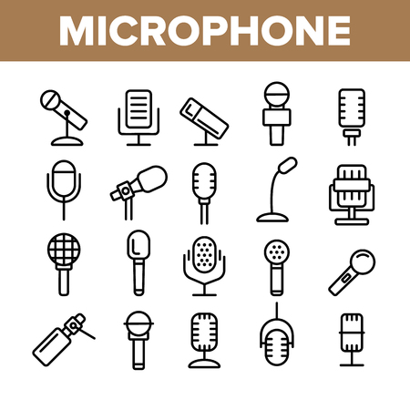 Modern And Vintage Microphone Vector Linear Icons Set. Professional Microphone Outline Symbols Pack. Music And Voice Recording, Sound Editing. Various Mics Isolated Contour Illustrationsのイラスト素材
