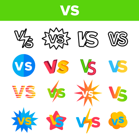 VS Abbreviation, Versus Vector Color Icons Set. VS Phrase In Comic Style Linear Symbols Pack. Letters In Speech Bubble. Confrontation, Fighting And Sports Competition Isolated Flat Illustrationsのイラスト素材