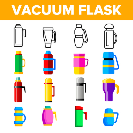 Vacuum Flasks And Bottles Vector Color Icons Set. Eco Flasks, Takeaway Hot Drink Linear Symbols Pack. Metal Container For Takeout Coffee And Tea. Travel Mugs And Cups Isolated Flat Illustrationsのイラスト素材