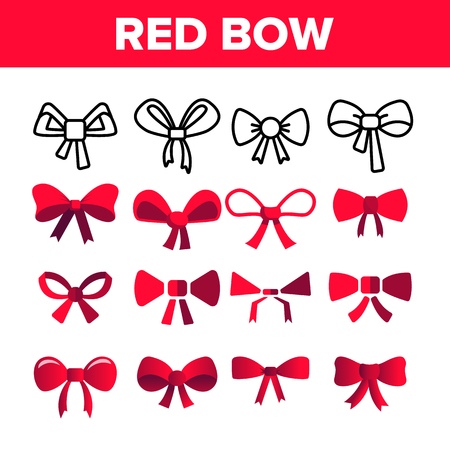 Red Bow And Ribbon Vector Color Icons Set. Decorative Bow, Female Hair and Clothes Accessories Linear Symbols Pack. Presents And Festive Gifts Packaging Decor Isolated Flat Illustrationsのイラスト素材