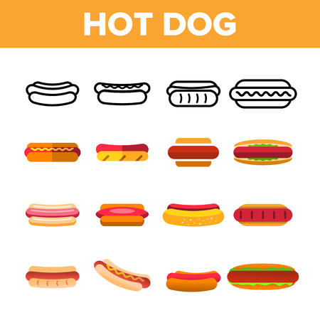 Hot Dog, Burger Vector Color Icons Set. Hotdog With Sausage, Bread And Sauce Linear Symbols Pack. Takeout, Takeaway Unhealthy Eating, Fastfood. Delicious Street, Junk Food Isolated Flat Illustrationsのイラスト素材