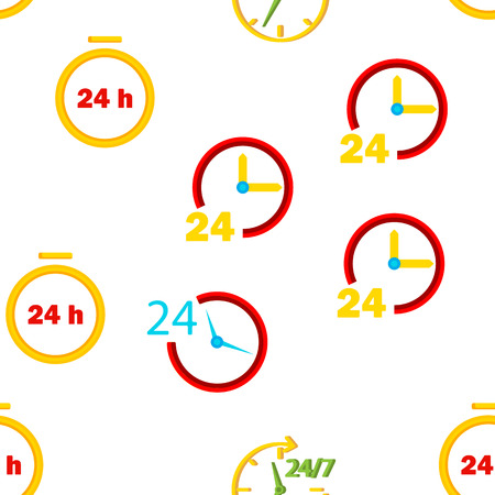 24 Hours, Clock, Time Vector Color Icons Seamless Pattern. 24 Hours Customer Service, Online Support Linear Symbols Pack. Convenience Store Logo. All Day Open Shop, Call Center Illustrationsのイラスト素材