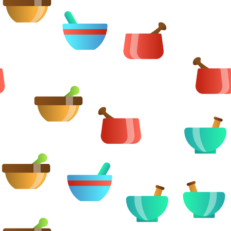 Pestles With Mortars Vector Color Icons Seamless Pattern. Pestles With Bowls Linear Symbols Pack. Herbs And Spices Manual Grinding. Kitchen, Pharmacy Modern And Ancient Implements Illustrationsのイラスト素材