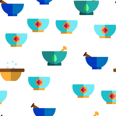 Pestles With Mortars Vector Color Icons Seamless Pattern. Pestles With Bowls Linear Symbols Pack. Herbs And Spices Manual Grinding. Kitchen, Pharmacy Modern And Ancient Implements Illustrationsのイラスト素材