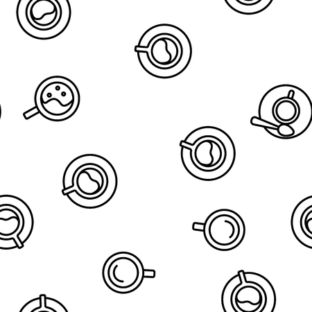 Coffee Mugs Top View Vector Color Icons Seamless Pattern. Cafe, Coffee Shop Logo. Latte, Cappuccino Cups With Saucers Linear Symbols Pack. Hot Beverage In Porcelain Kitchenware Illustrationのイラスト素材