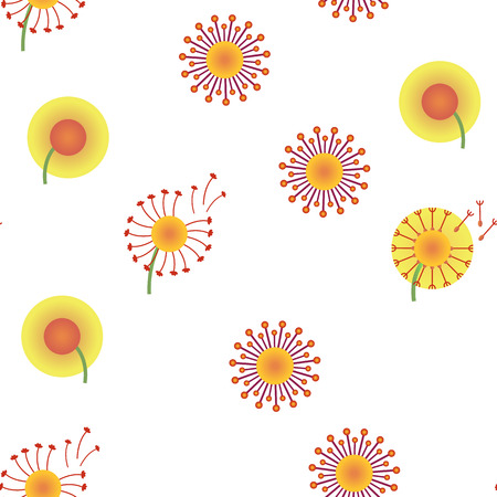 Dandelion, Spring Flower Vector Thin Line Icons Seamless Pattern. Dandelion, Blowball in Blossom Linear Pictograms. Yellow Blooming Flower with Delicate Fluffy Seeds and Pollen Collectionのイラスト素材