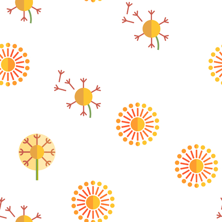 Dandelion, Spring Flower Vector Thin Line Icons Seamless Pattern. Dandelion, Blowball in Blossom Linear Pictograms. Yellow Blooming Flower with Delicate Fluffy Seeds and Pollen Collectionのイラスト素材