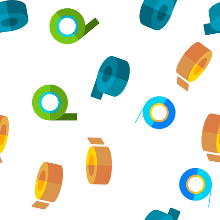 Sticky Tape Rolls Vector Color Icons Seamless Pattern. Adhesive Tape Roll, Office Supply, Stationery Linear Symbols Pack. Masking tape, Plaster. Decorative Ribbons, Bandage Illustrationsのイラスト素材
