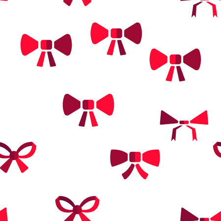 Red Bow And Ribbon Vector Color Icons Seamless Pattern. Decorative Bow, Female Hair and Clothes Accessories Linear Symbols Pack. Presents And Festive Gifts Packaging Decor Illustrationsのイラスト素材