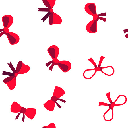Red Bow And Ribbon Vector Color Icons Seamless Pattern. Decorative Bow, Female Hair and Clothes Accessories Linear Symbols Pack. Presents And Festive Gifts Packaging Decor Illustrationsのイラスト素材