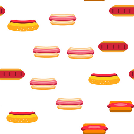 Hot Dog, Burger Vector Color Icons Seamless Pattern. Hotdog With Sausage, Bread And Sauce Linear Symbols Pack. Takeout, Takeaway Unhealthy Eating, Fastfood. Delicious Street, Junk Illustrationsのイラスト素材