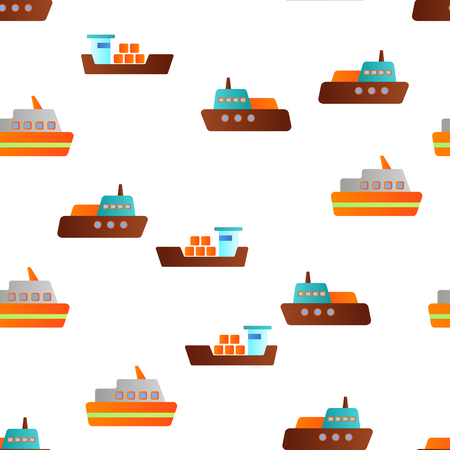 Ferry, Vessel And Ship Vector Color Icons Seamless Pattern. Ferry Front And Side View Linear Symbols Pack. International Cargo Transportation, Shipment. Logistics And Distribution Illustrationsのイラスト素材