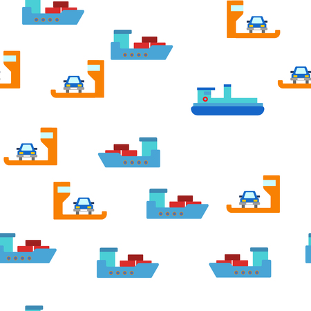 Ferry, Vessel And Ship Vector Color Icons Seamless Pattern. Ferry Front And Side View Linear Symbols Pack. International Cargo Transportation, Shipment. Logistics And Distribution Illustrationsのイラスト素材