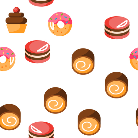 Desserts, Pastry, Sweets Vector Color Icons Seamless Pattern. Tasty Desserts, Delicious Cakes Linear Symbols Pack. Candy Store, Confectionery Shop, Bakery Logo. Cupcakes, Cookies, Pies Illustrationsのイラスト素材
