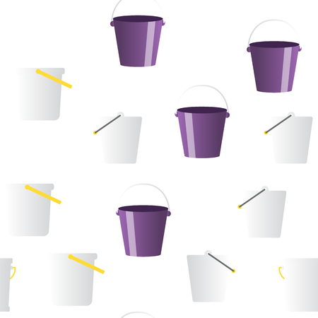 Buckets, Pails Vector Thin Line Icons Seamless Pattern. Buckets, Plastic, Metal Containers for Farming, Housework Tools, Equipment Linear Pictograms. Kids Toyのイラスト素材