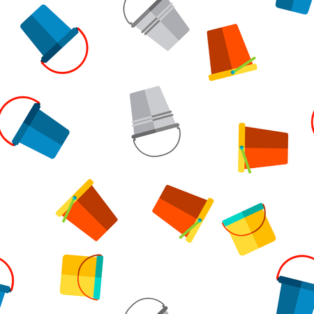 Buckets, Pails Vector Thin Line Icons Seamless Pattern. Buckets, Plastic, Metal Containers for Farming, Housework Tools, Equipment Linear Pictograms. Kids Toyのイラスト素材
