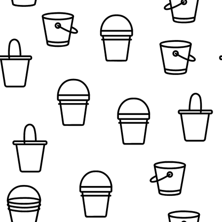 Buckets, Pails Vector Thin Line Icons Seamless Pattern. Buckets, Plastic, Metal Containers for Farming, Housework Tools, Equipment Linear Pictograms. Kids Toyのイラスト素材