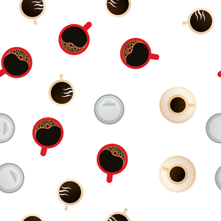 Coffee Mugs Top View Vector Color Icons Seamless Pattern. Cafe, Coffee Shop Logo. Latte, Cappuccino Cups With Saucers Linear Symbols Pack. Hot Beverage In Porcelain Kitchenware Illustrationのイラスト素材