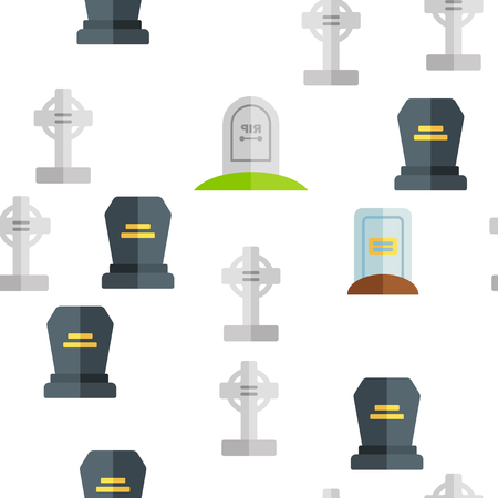 Headstone, Gravestone, Tombstone Vector Color Icons Seamless Pattern. Headstone, Granite Grave, Cross Linear Symbols Pack. Christian Burial Tradition. Cemetery, Graveyard Illustrationのイラスト素材