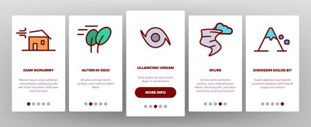 Hurricane Natural Disaster Vector Onboarding Mobile App Page Screen. Hurricane, Wind And Tornado Outline Symbols Pack. Mountain Avalanche, Flood And Lightning Isolated Contour Illustrations.のイラスト素材