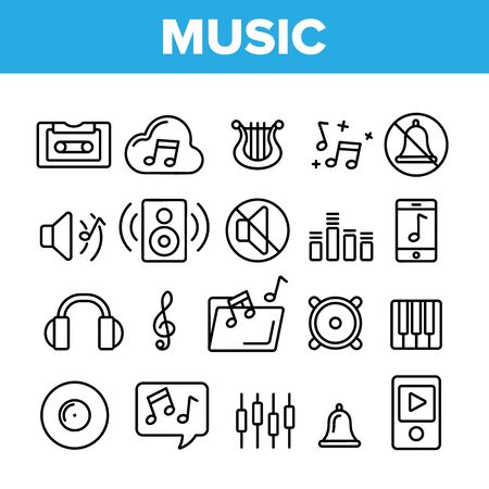 Music, Audio Vector Thin Line Icons Set. Music Listening Apps, Audio Files Storage Linear Pictograms. Old, Modern Voice Recording Technology. Speakers, Mute Mode, Settings Contour Illustrationsのイラスト素材