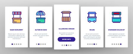 Kiosk, Market Stalls Types Vector Onboarding Mobile App Page Screen. Kiosk Facade Shop, Store Symbols Pack. Exterior Pictograms. Isolated Building Signs. Ice Cream, Street Food Truck Illustrationsのイラスト素材