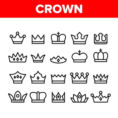 Royal Headwear, Crowns And Tiaras Vector Icons Set. Luxury Of The Monarch Family, Generation. Golden Crown With Jewels And Decoration Outline. Antique, Medieval Authority Symbol Thin Line Illustrationのイラスト素材