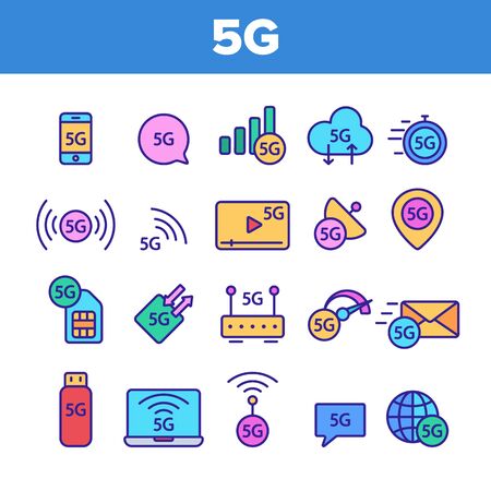 5G Fast Network, Connection To Website Vector Icons Set. High Speed Internet, 5G Generation Of Service Contour. Internet Provider, Connection Type, Wifi, Wireless Distribution Thin Line Illustrationのイラスト素材