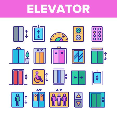 Color Passenger Elevator, Lift Vector Linear Icons Set. Condominium Indoor Elevator Door Outline Symbols Pack. Apartment Building Lift With Up And Down Buttons Isolated Contour Illustrationsのイラスト素材