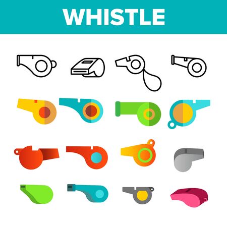 Sport Plastic Whistle Vector Color Icons Set. Referee, Football Trainers, Soccer Coach Multicolor Whistles Linear Symbols Pack. Blower, Alert, Attention Isolated Flat Illustrationsのイラスト素材