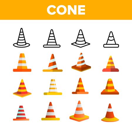 Traffic Orange Cones Vector Color Icons Set. Road Safety Plastic Cones Linear Symbols Pack. Under Construction Caution, Roadworks Warning Sign. Highway Pylon Isolated Flat Illustrationsのイラスト素材