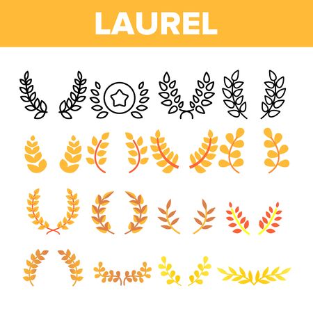 Laurel Branches Wreath Vector Color Icons Set. Laurel Leaves Linear Symbols Pack. Achievement And Success, Award And Victory. Greek Roman Crown, Winner Prize Isolated Flat Illustrationsのイラスト素材