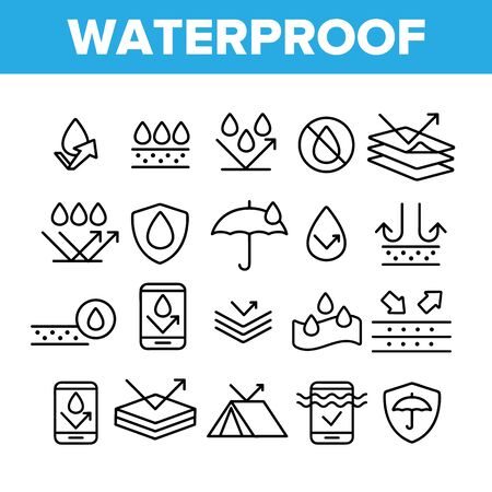 Waterproof, Water Resistant Materials Vector Linear Icons Set. Waterproof, Surface Protection Outline Cliparts. Hydrophobic Fabric Pictograms Collection. Anti Wetting Material Thin Line Illustrationのイラスト素材