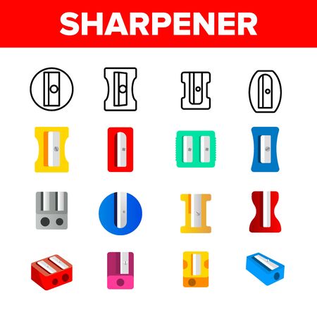 Plastic Pencil Sharpener Vector Linear Icons Set. Differently Shaped And Colored Sharpener. Stationery Writing Tool Thin Line Pictograms. Pencil Cutter, Office Supplies, Utensil Flat Illustrationsのイラスト素材