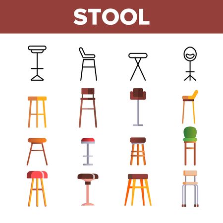 Stool, Sitting Furniture Vector Linear Icons Set. Bar Stool, Furniture And Seating. House Interior Items For Sitting Thin Line Pictograms. Home Trendy Design Elements Flat Illustrationsのイラスト素材
